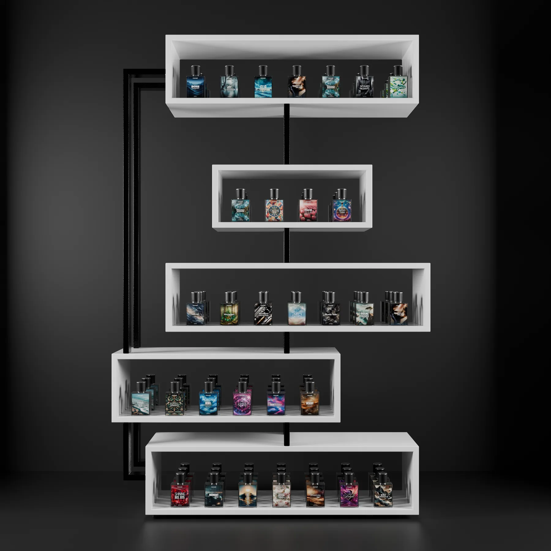 FREGME perfume collection displayed on black shelves