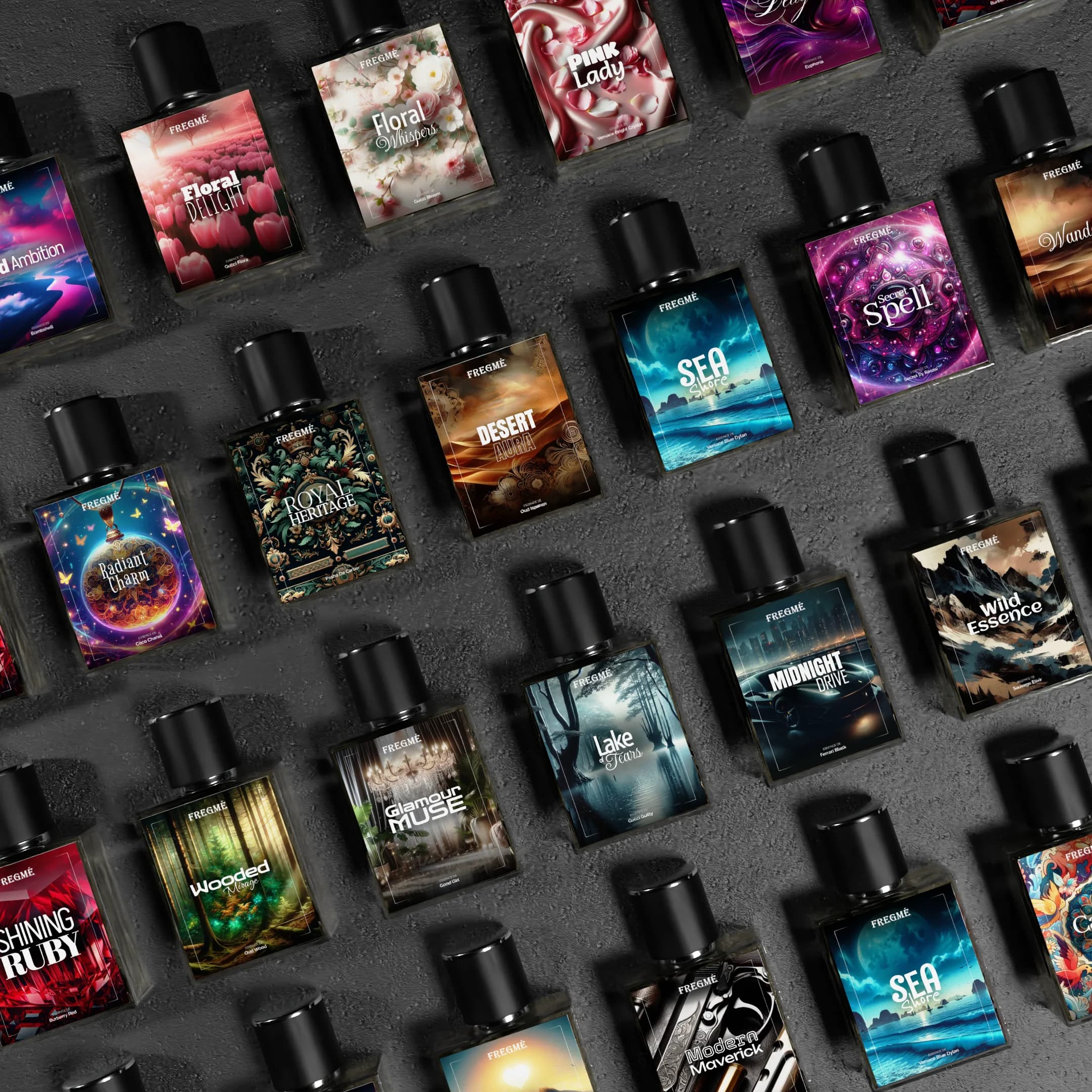 A collection of FREGME perfume bottles arranged as a product range